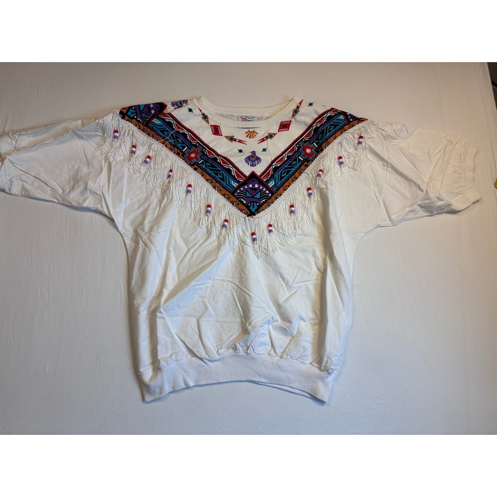 Vintage Hazelwood Women's Pullover Sweatshirt L Multicolor Fringe Beaded Native